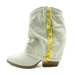 Glaze Cream and Yellow Canvas Cowboy Pointed Toe Heeled Booties Fringe Accent